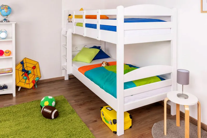 Etagenbett für Jugendliche 90 x 200 cm | Massivholz: Buche | Weiß Lackiert | umbaubar in 2 Einzelbetten | inkl. Rollroste Abbildung