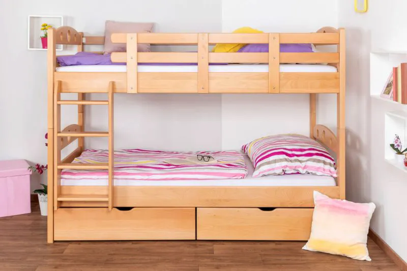 90 x 200 cm Etagenbett mit Stauraum / 2 Schubladen für Jugendliche Massivholz: Buche | Natur Lackiert | umbaubar in 2 Einzelbetten | Premium-Qualität | inkl. Rollroste Abbildung