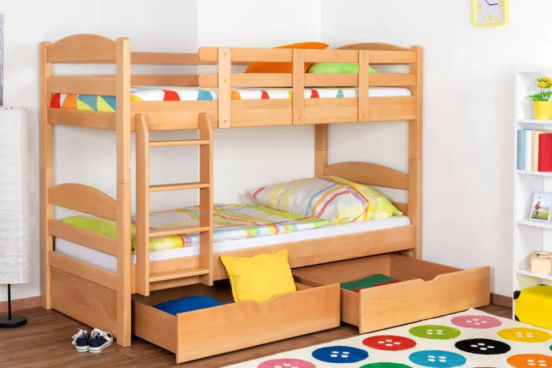 90 x 200 cm Stockbett mit Stauraum / 2 Schubladen für Jugendliche Massivholz: Buche | Natur Lackiert | umbaubar in 2 Einzelbetten | Premium-Qualität | inkl. Rollroste Abbildung