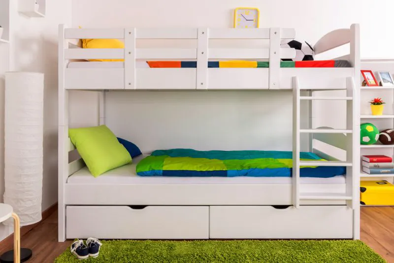 Stockbett mit Stauraum / 2 Schubkästen für Kinder 90 x 200 cm | Massivholz: Buche | Weiß Lackiert | umbaubar in 2 Einzelbetten | Premium-Qualität | inkl. Rollroste Abbildung