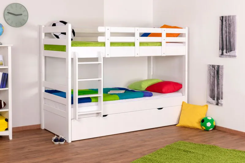 Etagenbett + Ausziehbett für Kinder 90 x 200 cm | Massivholz: Buche | Weiß Lackiert | inkl. Bettkasten | umbaubar in 2 Einzelbetten | inkl. Rollroste Abbildung