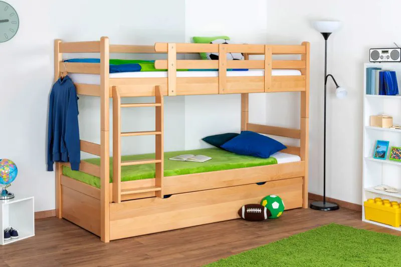Stockbett + Ausziehbett für Jugendliche 90 x 200 cm | Massivholz: Buche | Natur Lackiert | inkl. Stauraum/Ausziehbett | umbaubar in 2 Einzelbetten | inkl. Rollroste Abbildung