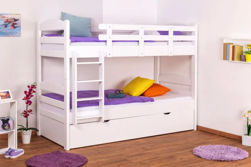 Etagenbett + Ausziehbett für Jugendliche 90 x 200 cm | Massivholz: Buche | Weiß Lackiert | inkl. Stauraum/Ausziehbett | umbaubar in 2 Einzelbetten | inkl. Rollroste Abbildung
