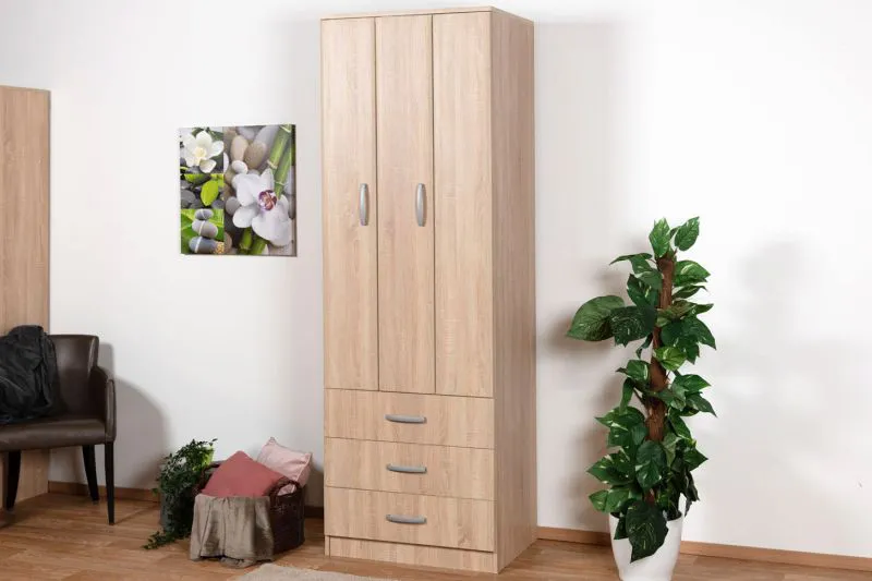 Schmaler Kleiderschrank | 2 Drehtüren | 3 Schubladen | 1 Fach | mit Kleiderstange | 75 cm breit | Farbe: Braun Abbildung