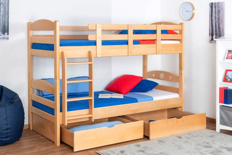 90 x 200 cm Etagenbett mit Stauraum / 2 Schubladen für Kinder Massivholz: Buche | Natur Lackiert | umbaubar in 2 Einzelbetten | Premium-Qualität | inkl. Rollroste Abbildung