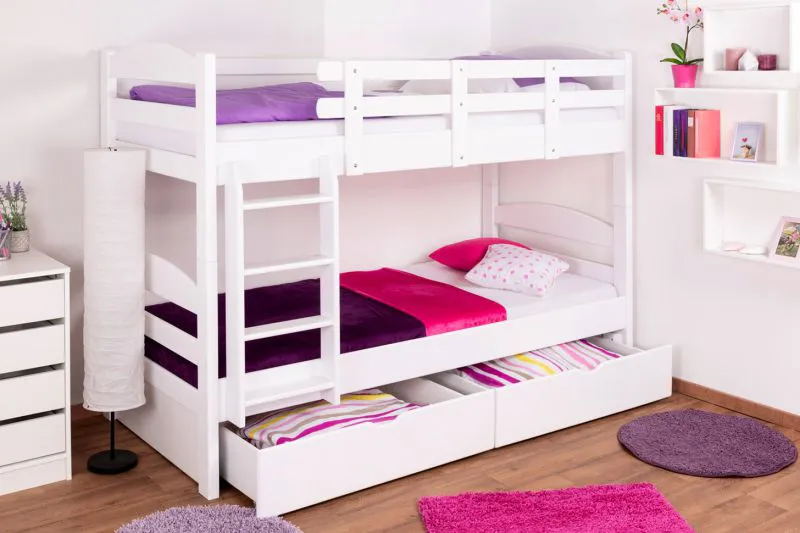 90 x 200 cm Stockbett mit Stauraum / 2 Schubladen für Jugendliche Massivholz: Buche | Weiß Lackiert | umbaubar in 2 Einzelbetten | Premium-Qualität | inkl. Rollroste Abbildung