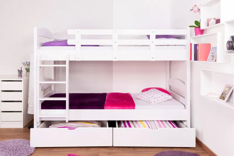 90 x 200 cm Etagenbett mit Stauraum / 2 Schubladen für Jugendliche Massivholz: Buche | Weiß Lackiert | umbaubar in 2 Einzelbetten | Premium-Qualität | inkl. Rollroste Abbildung