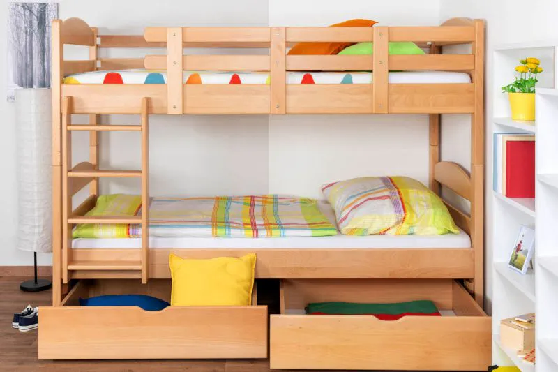 90 x 200 cm Etagenbett mit Stauraum / 2 Schubladen für Jugendliche Massivholz: Buche | Natur Lackiert | umbaubar in 2 Einzelbetten | Premium-Qualität | inkl. Rollroste Abbildung