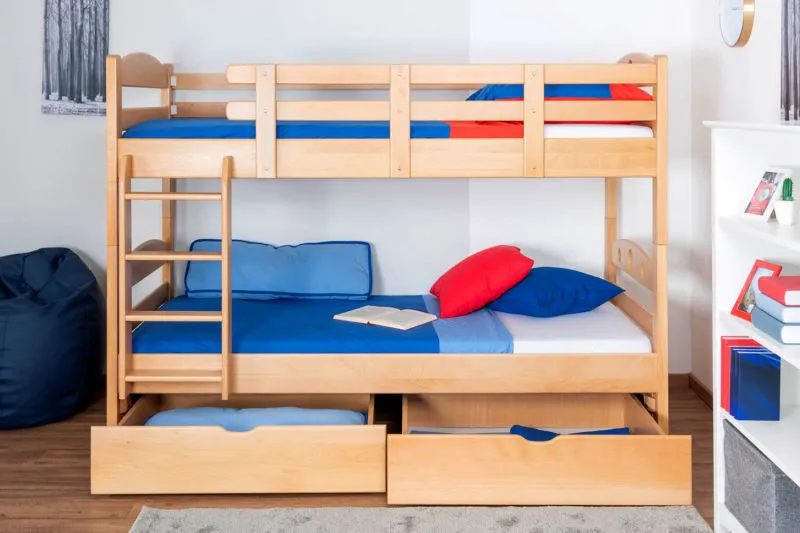 90 x 200 cm Etagenbett mit Stauraum / 2 Schubladen für Jugendliche Massivholz: Buche | Natur Lackiert | umbaubar in 2 Einzelbetten | Premium-Qualität | inkl. Rollroste Abbildung