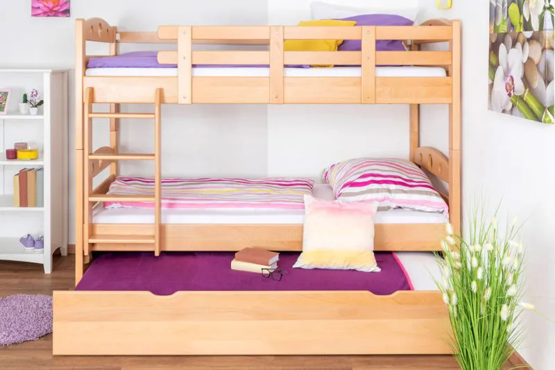 Etagenbett + Ausziehbett für Jugendliche 90 x 200 cm | Massivholz: Buche | Natur Lackiert | inkl. Bettkasten | umbaubar in 2 Einzelbetten | inkl. Rollroste Abbildung
