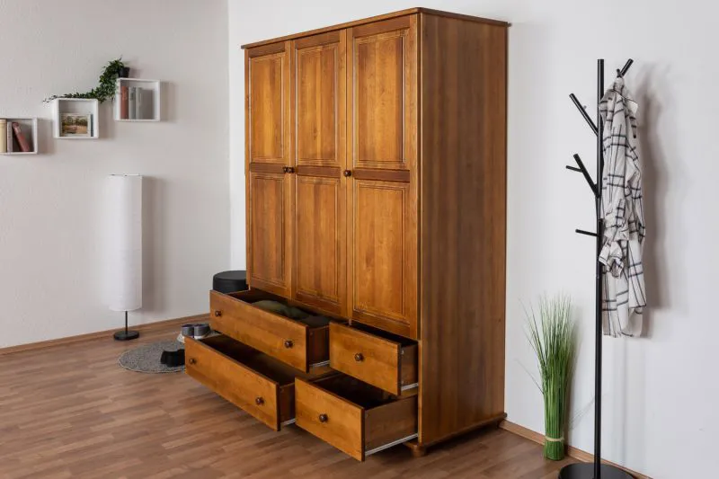 Kleiderschrank | 3 Drehtüren | 4 Schubladen | 4 Fächer | mit Kleiderstange | 154 cm breit | Massivholz | Farbe: Eiche Rustikal Abbildung