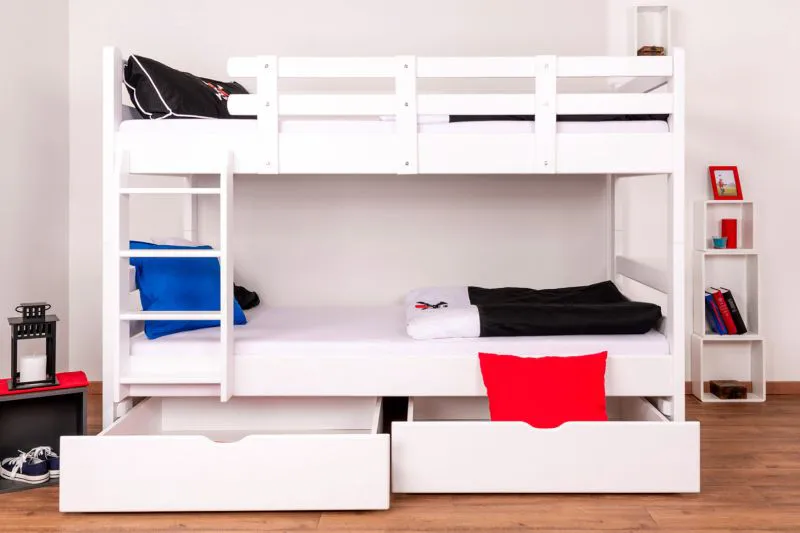 90 x 200 cm Etagenbett mit Stauraum / 2 Schubladen für Jugendliche Massivholz: Buche | Weiß Lackiert | umbaubar in 2 Einzelbetten | Premium-Qualität | inkl. Rollroste Abbildung