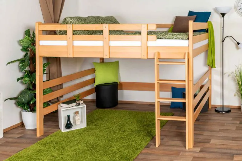 Doppelbett-Hochbett Massivholz Buche | Matratzenmaß: 160 x 200 cm | Natur Lackiert | umbaubar in Einzelbett | Premium-Qualität | inkl. Rollrost Abbildung