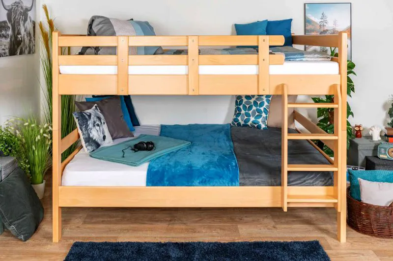 Großes Massivholz Doppelstockbett für Kinder und Jugendliche | Matratzenmaß: 160 x 190 cm | Natur Lackiert | umbaubar in 2 Einzelbetten | Premium-Qualität | inkl. Rollroste Abbildung
