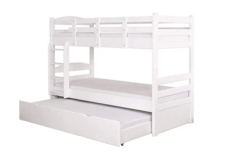 Etagenbett + Bettkasten für Jugendliche 90 x 200 cm | Massivholz: Buche | Weiß Lackiert | umbaubar in 2 Einzelbetten | inkl. Bettkasten | inkl. Rollroste Abbildung