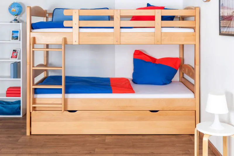 Stockbett + Bettkasten für Kinder 90 x 200 cm | Massivholz: Buche | Natur Lackiert | inkl. Bettkasten | umbaubar in 2 Einzelbetten | inkl. Rollroste Abbildung