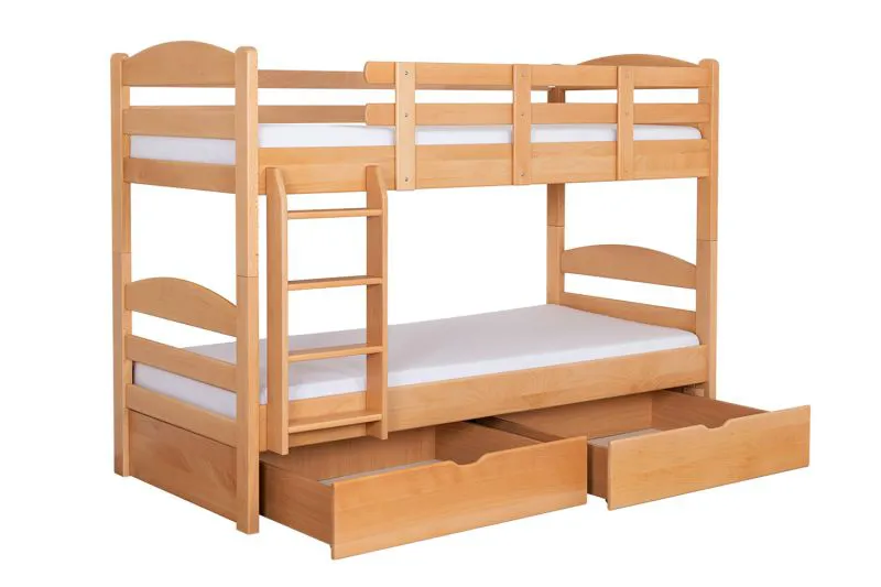 90 x 200 cm Stockbett mit Stauraum / 2 Schubladen für Kinder Massivholz: Buche | Natur Lackiert | umbaubar in 2 Einzelbetten | Premium-Qualität | inkl. Rollroste Abbildung