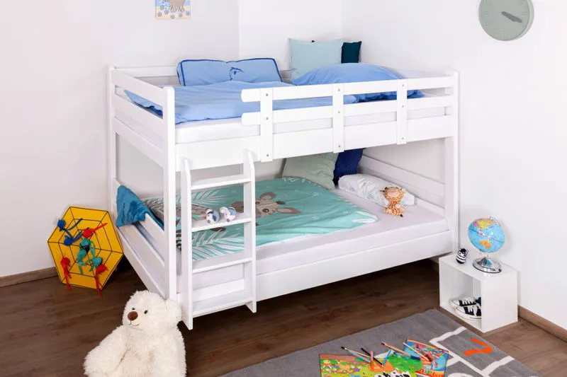 Stockbett für Jugendliche 120 x 200 cm | Massivholz: Buche | Weiß Lackiert | umbaubar in 2 Einzelbetten | inkl. Rollroste Abbildung