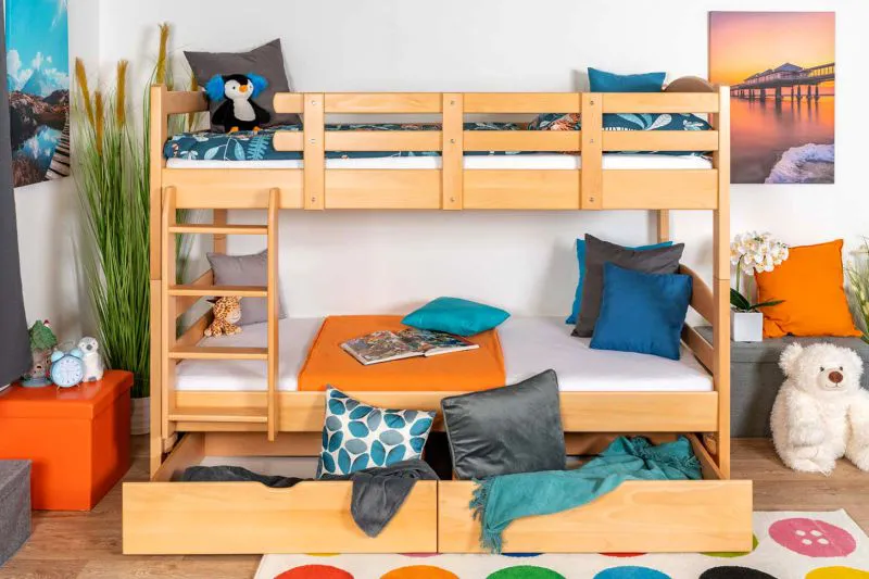 Stockbett mit Stauraum / 2 Schubladen für Kinder 90 x 200 cm | Massivholz: Buche | Natur Lackiert | umbaubar in 2 Einzelbetten | Premium-Qualität | inkl. Rollroste Abbildung