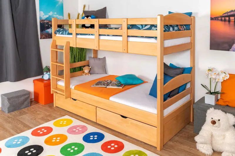 Stockbett mit Stauraum / 2 Schubladen für Jugendliche 90 x 200 cm | Massivholz: Buche | Natur Lackiert | umbaubar in 2 Einzelbetten | Premium-Qualität | inkl. Rollroste Abbildung