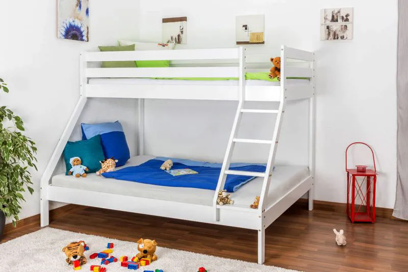 Weißes Stockbett für bis zu drei Kinder | unten 140x200 cm, oben 90x200 cm| Buche massiv | inkl. Rollroste Abbildung