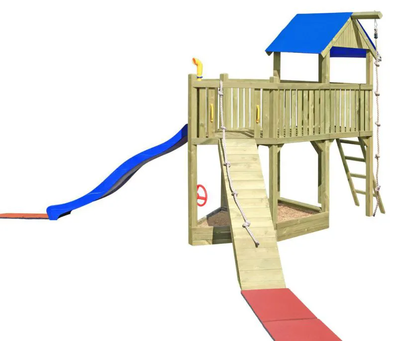Spielturm K34 inkl. Anbauelement, Piratenschiff, Sandkasten, Wellenrutsche und Klettersteg - Abmessungen: 620 x 510 cm (L x B)