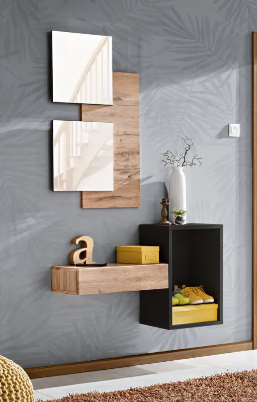 Garderobe Komplett - Set A Pollestad, 2-teilig, Farbe: Eiche Wotan / Schwarz, zwei Spiegel, eine Wandkonsole mit Schublade, schlichtes und einfaches Design, für den Vorraum