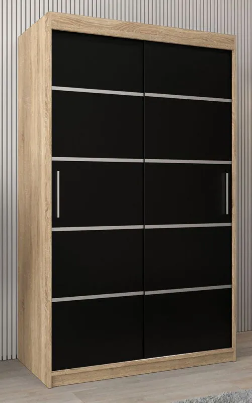 Schiebetürenschrank / Kleiderschrank Jan 02A, Farbe: Eiche Sonoma / Schwarz - Abmessungen: 200 x 120 x 62 cm ( H x B x T)