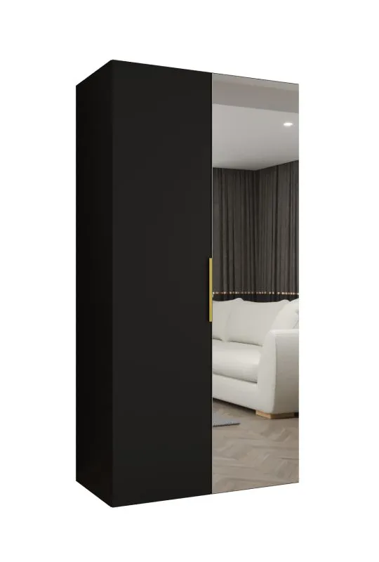 Drehtürenschrank mit 1 Meter breite Korab 63, Farbe: Schwarz, Soft-Close-Funktion, eine Spiegeltür, eine Kleiderstange, Griffe: Gold, ein Fach