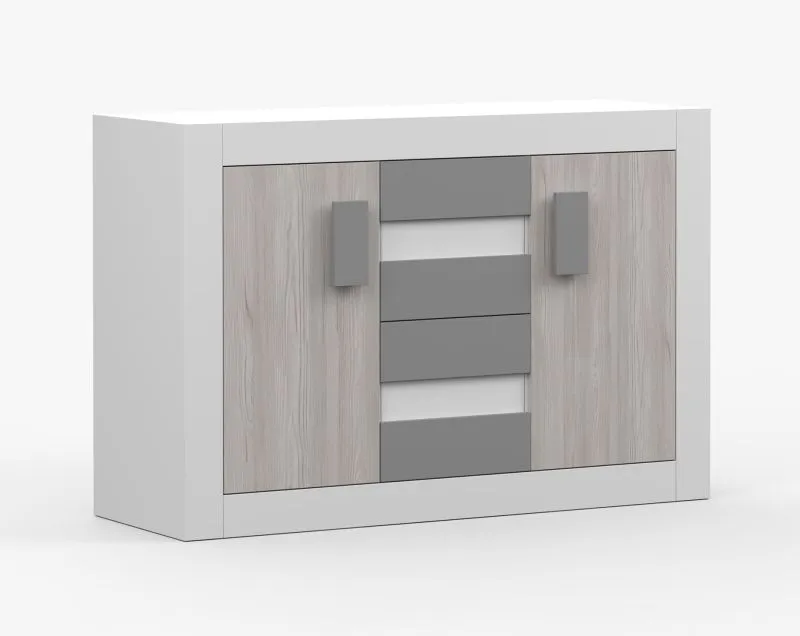 Kommode | Grau / Weiß | Jolais 04 | 96 x 145 x 50 cm | 2 Türen | 4 Schubladen | kratz- und feuchtigkeitsbeständige Platte | Griffe aus Holz | eckig