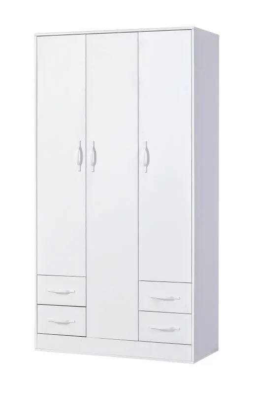 Kleiderschrank | Drehtürenschrank | 3-türig | 120 x 50 x 225 cm | Farbe: Weiß | 3 Türen | 4 Schubladen | 11 Fächer | 1 Kleiderstange | Nalut 01