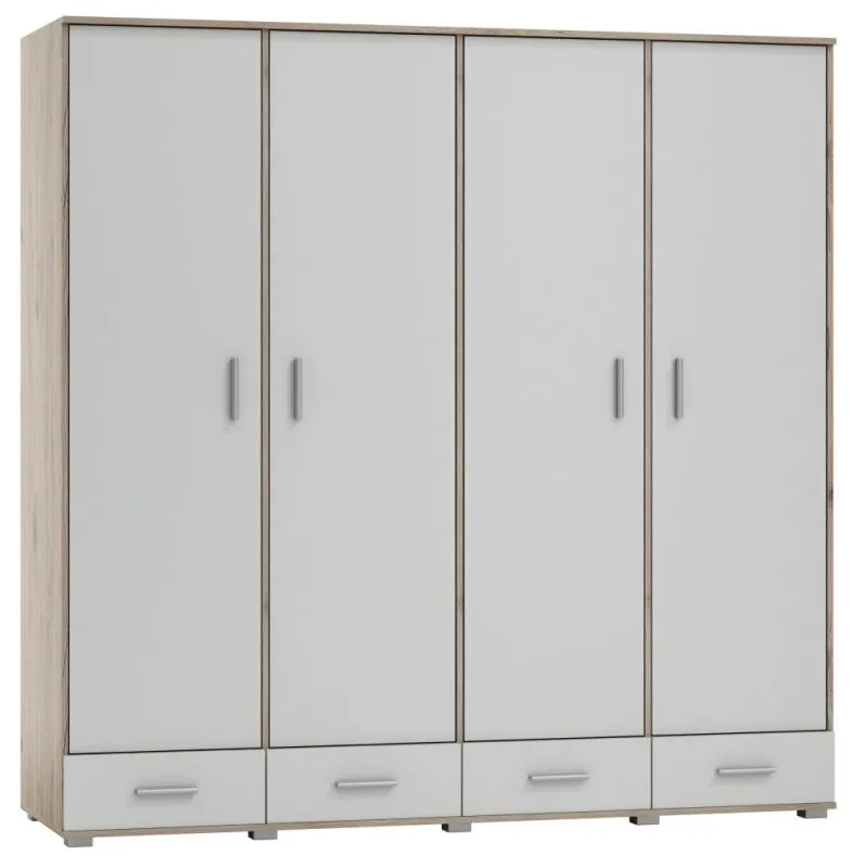 200 cm breiter Kleiderschrank mit 4 Türen, 10 Fächern und 4 Schubladen | Farbe: Eiche / Weiß | Tiefe: 60 cm Abbildung