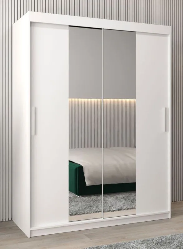 Schiebetürenschrank / Kleiderschrank Bisaurin 3B mit Spiegel, Farbe: Weiß matt - Abmessungen: 200 x 150 x 62 cm ( H x B x T)