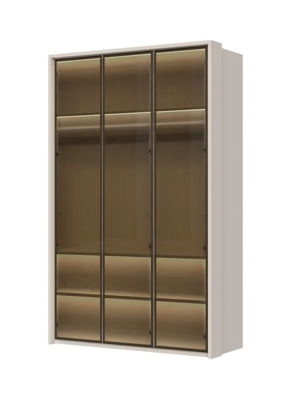 Kleiderschrank mit drei Glastüren Neiafu 34, Farbe: Kaschmir, Maße: 224 x 137 x 56 cm, Soft-Close-Funktion, inkl. Innenbeleuchtung, für Schlafzimmer