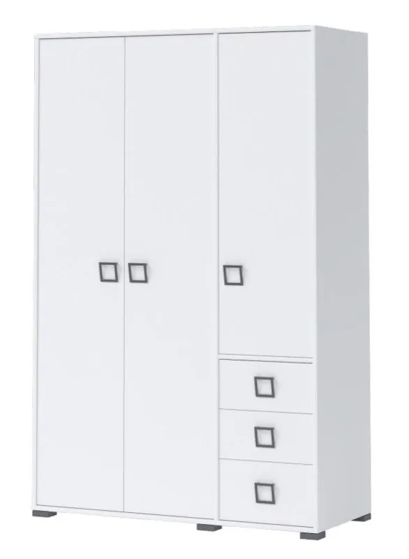 Kleiderschrank | 3 Drehtüren | 3 Schublade | 5 Fächer | mit Kleiderstange | 126 cm breit | Farbe: Weiß Abbildung
