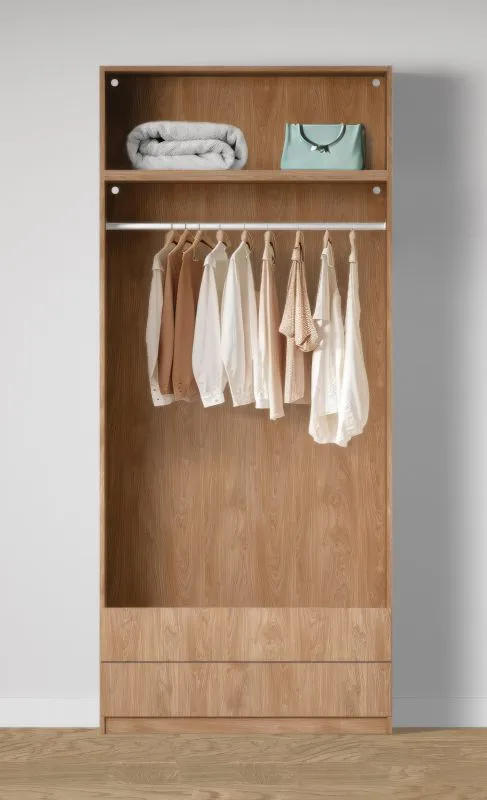 Offener Kleiderschrank | breit | 2 Schubladen | Farbe: Eiche Puccini | 1 Fach | 1 Kleiderstange | Maße: 103 x 55 x 234 cm | einfaches Design