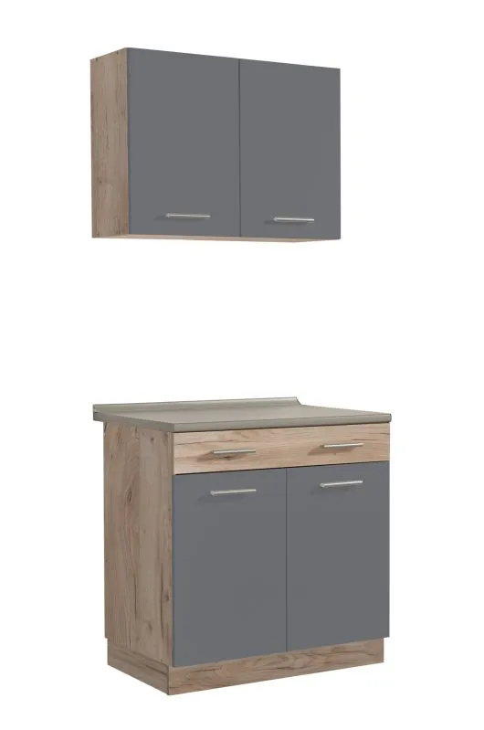 Einfache Küchenzeile / Küchenblock Kolubara 06, Farbe: Eiche Grau / Graphit, eine Schublade, ABS-Kanten, Griffe: Silber, 80 cm breit