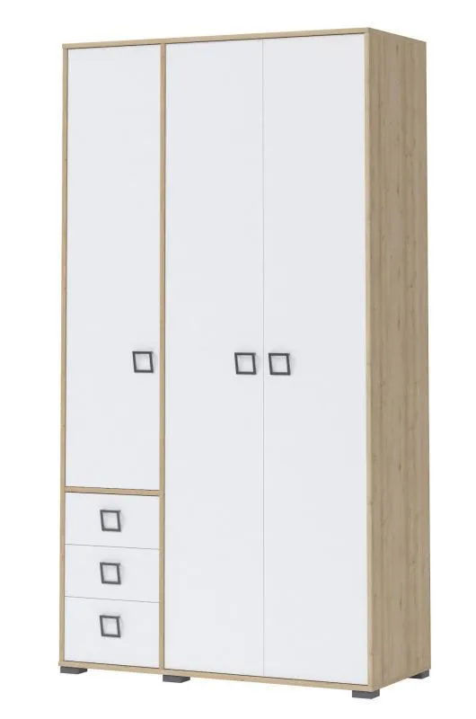 Kleiderschrank | 3 Drehtüren | 3 Schublade | 7 Fächer | mit Kleiderstange | 126 cm breit | Farbe: Buche Abbildung