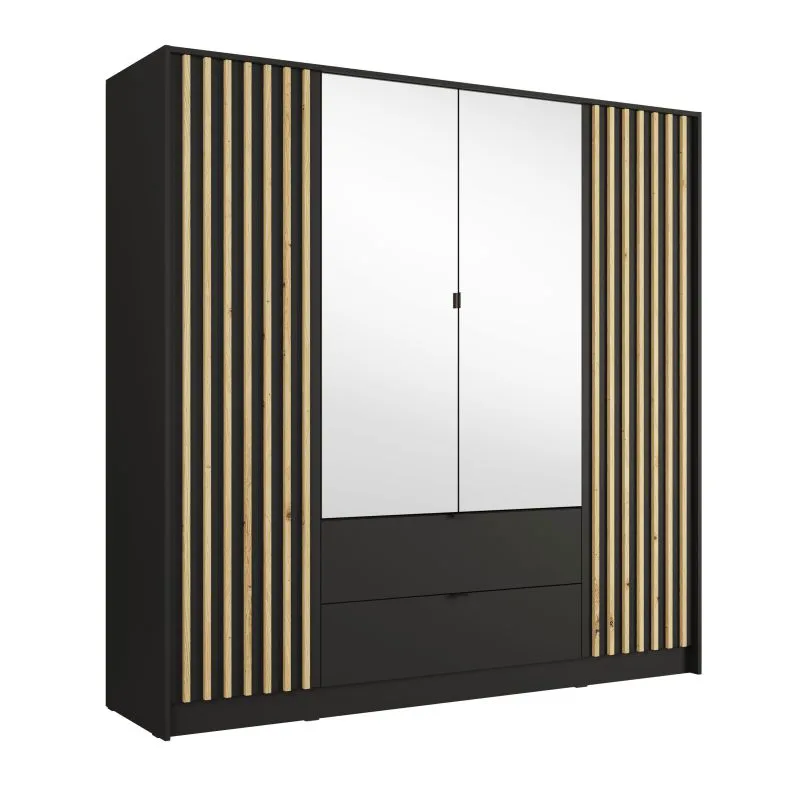 Kleiderschrank mit 2 Spiegeltüren | 200 x 54,5 x 200,5 cm | 2 Schubladen | 10 Fächer | 4 Drehtüren | Metallgriffe| 1 Kleiderstange  | Iraklio 06 | Lamellen