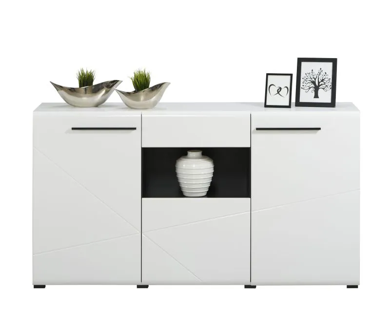 Sideboard / Kommode mit drei Türen Idos 02, Farbe: Weiß / Weiß Hochglanz / Schwarz, eine Schublade, acht Fächer, Maße: 96,5 x 173 x 41,5 cm, für Wohnzimmer