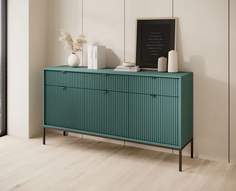 Kommode mit drei Schubladen Worthing 04, Farbe: Grün / Schwarz - Abmessungen: 83 x 154 x 39 cm (H x B x T)