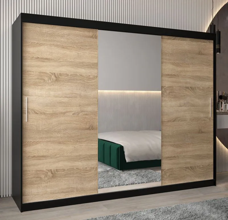 Schiebetürenschrank / Kleiderschrank Bisaurin 6B mit Spiegel, Farbe: Schwarz / Eiche Sonoma - Abmessungen: 200 x 250 x 62 cm ( H x B x T)