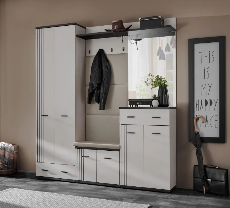 Garderobe | Kleiderschrank | Farbe: Kaschmir / Schwarz | Spiegel | Sitzgelegenheit | 4 Haken | Maße: 180 x 32 x 203 cm | 2 Schubladen | gepolstertes Paneel