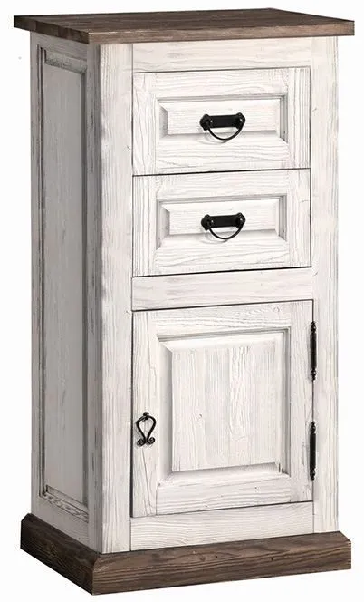 Kommode Kilkis 11| Kiefer teilmassiv | altweiß/braun gewachst | 55 x 42 x 118 cm (L x T x H) | 2 Schubladen | Drehtür