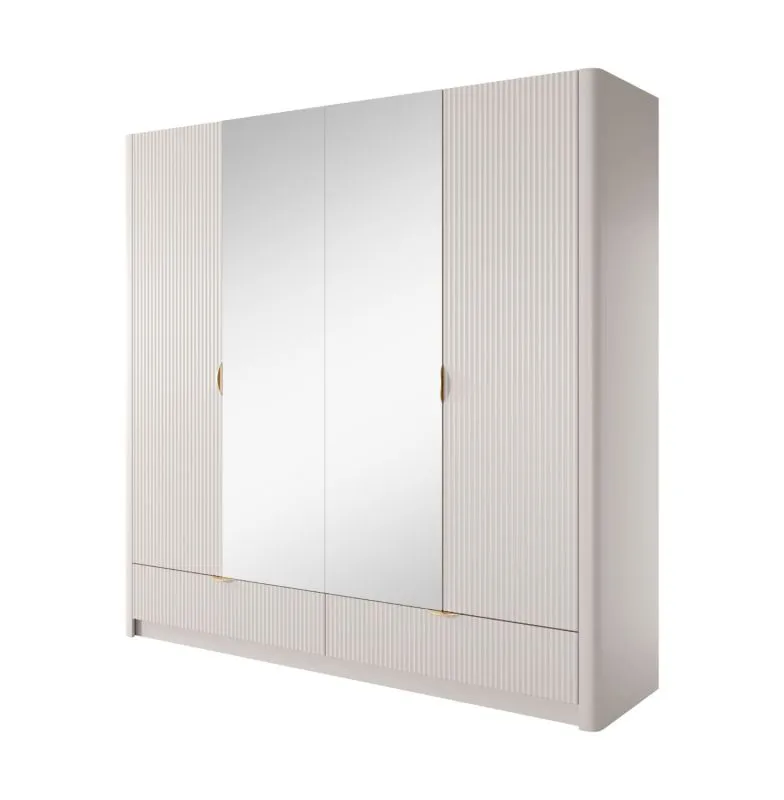 Kleiderschrank mit 2 Spiegeltüren Sloughia 16, ABS-Kantenschutz, Farbe: Beige, Maße: 208 x 213 x 55 cm, 2 Schubladen, 1 Kleiderstange, modernes Lamellen-Design