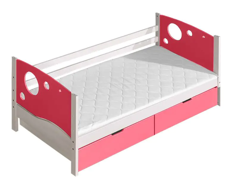 Kinderbett / Jugendbett Milo 26 inkl. 2 Schubladen, Farbe: Weiß / Rosa, teilmassiv, Liegefläche: 80 x 190 cm (B x L)