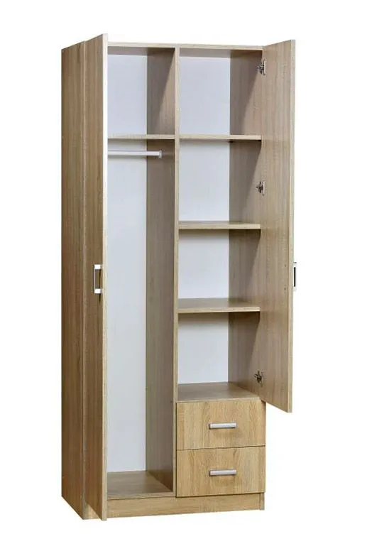 Kleiderschrank | 2 Drehtüren | 2 Schubladen | 5 Fächer | mit Kleiderstange | 80 cm breit | Farbe: Sonoma Eiche Abbildung