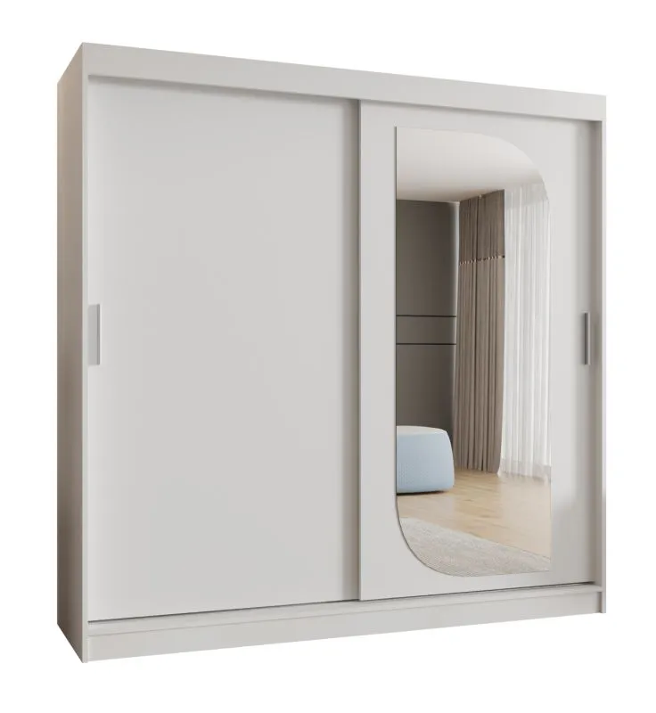 Kleiderschrank mit 10 Fächer Signalkuppe 18, Farbe: Weiß, 2 Meter breit, eine Spiegeltür, zwei Kleiderstangen, Schiebetürenschrank