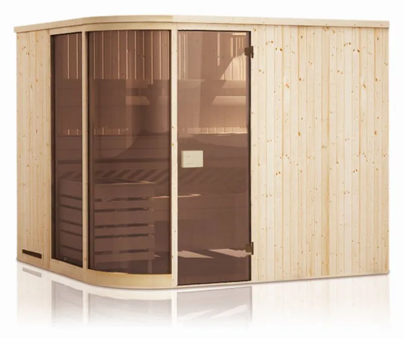 Elementsauna Yuma 68 mm mit 2 Sichtfenstern und Dachkranz - Außenmaße (B x T x H): 244 x 194 x 199 cm