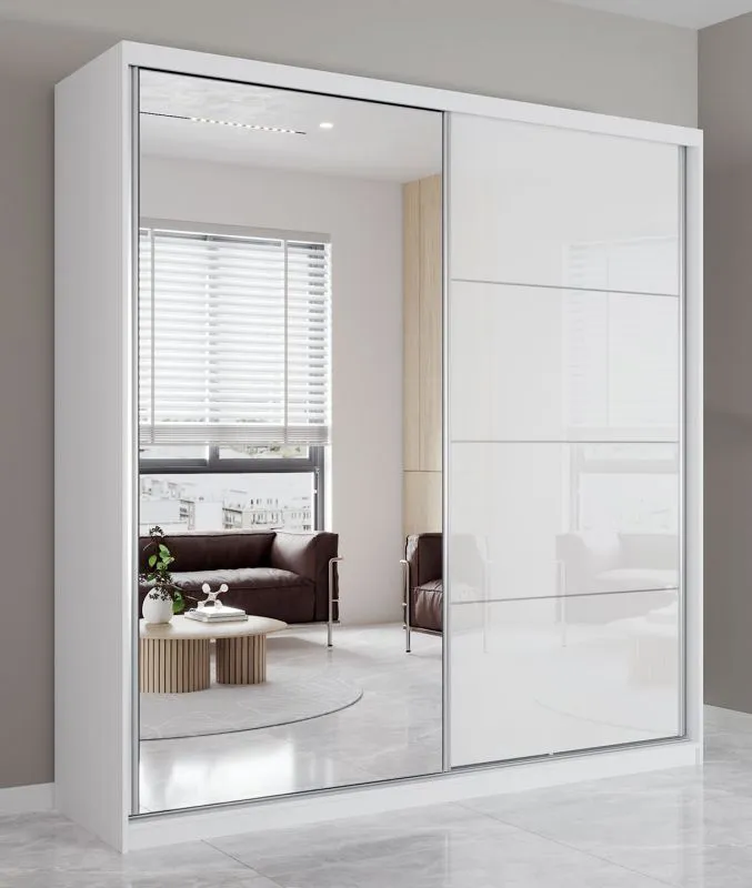 Kleiderschrank / Schiebetürenschrank | Weiß | Sredna 01 | mit Spiegel | 2 Türen | 218 x 203 x 61 cm | 3 Fächer | 3 Schubladen | schlichter Stil